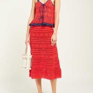 STAUD Marlin Cotton-Crochet Midi Skirt/Top Set In Red Multi (S/M)